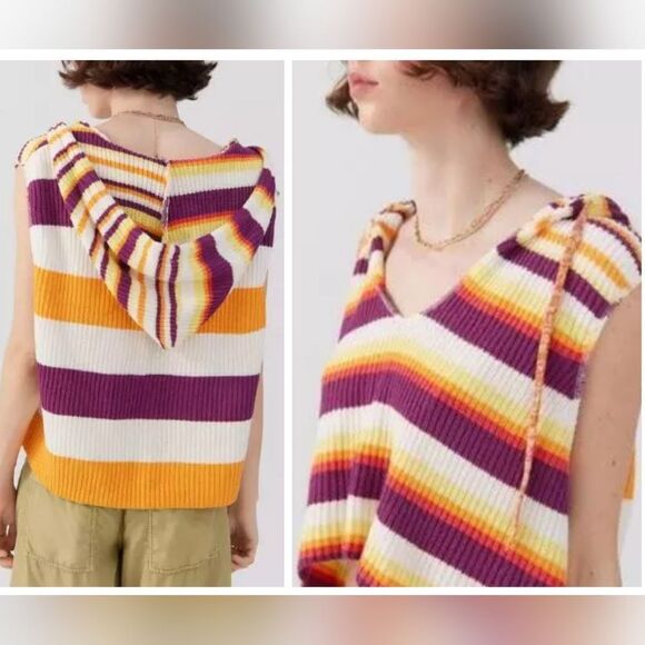 BDG Hooded striped slouchy Sweater Vest multicolor Size L Knit layering - Picture 1 of 8